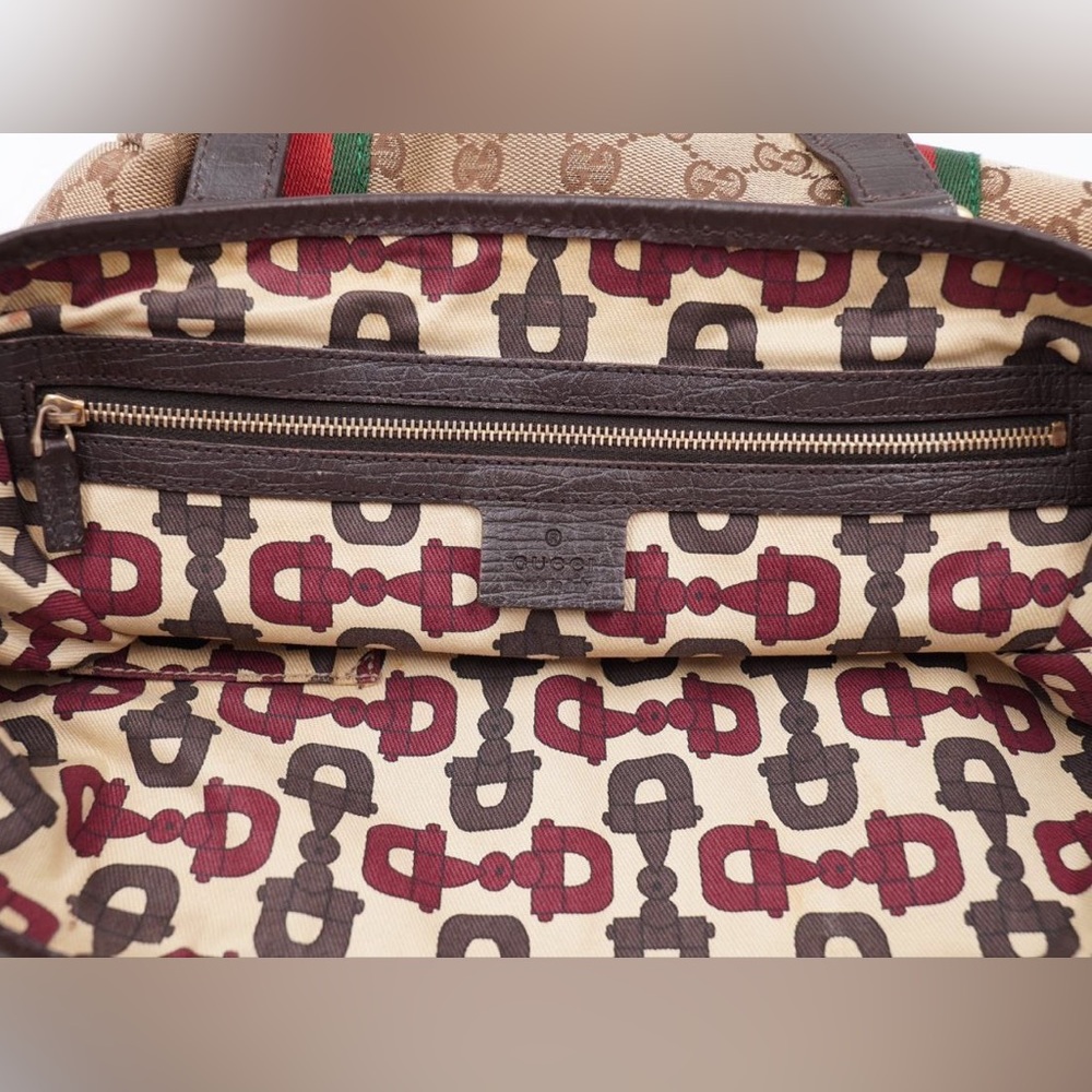 Gucci Beige GG Canvas Tote with Green and Red Web Stripe and Brown Trim - Picture 13 of 16